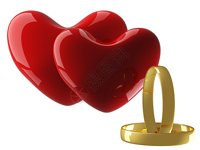 两颗心和结婚戒指在白色背景上 3D图像 庆典图片