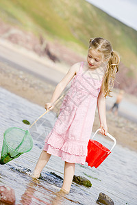 海滩上带网和桶子的年轻女孩 享受 夏天 正玩得开心 女性图片