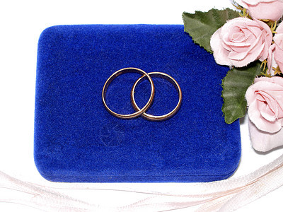 结婚戒指 假期 磁带 礼物 粉色的 深蓝 花背景图片