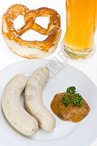 巴伐利亚白香肠 小麦啤酒和脆饼 食物 饮食图片