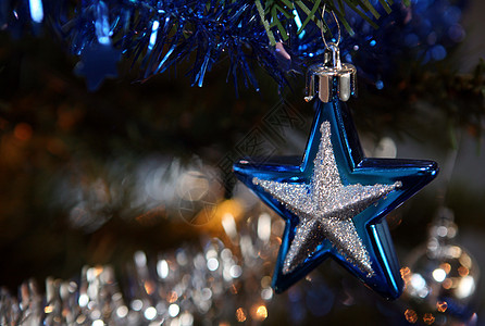 圣诞节装饰 快活的 星星 红色的 装饰品 蓝色的 树 冬天 雪花背景图片