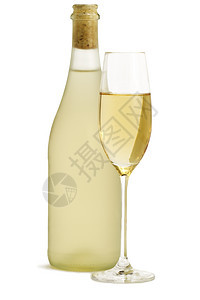 一杯香槟 在正立的prosecco瓶子前图片