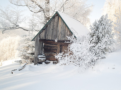 雪下木林小屋图片