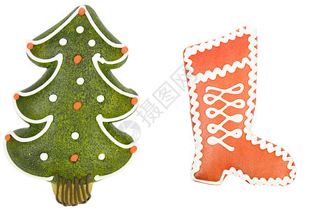 圣诞树和来自姜饼 X马饼干的红靴子图片