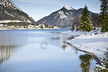 华列 早晨 蓝色的 小路 薄雾 巴伐利亚 漂亮的 美丽 湖 假期图片