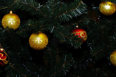 圣诞树装饰 红色的 圆形的 火花 绿色的 圣诞节 松树图片