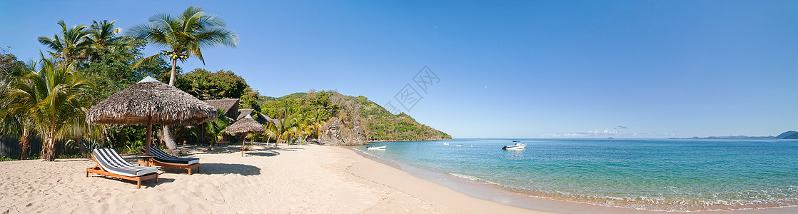 热带热带海滩全景 蓝色的 水 波浪 美丽的 天堂图片