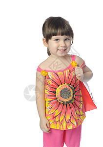 带彩色包裹的小女孩 微笑 有趣的 时尚 手 乐趣图片