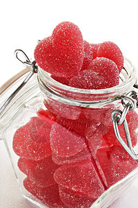 红心在玻璃罐中塑造甜甜果冻 生日 假期 甜的 心形图片