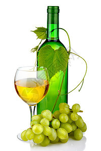 与玻璃和葡萄枝隔绝的瓶装酒 叶子 绿色的 饮料 健康图片