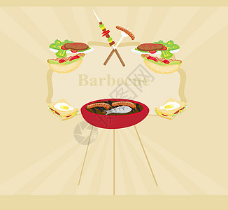 烧烤党邀请 沙拉 三文鱼 火腿 野餐 插图 鱼 火焰 烹饪图片