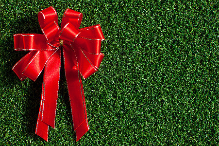 绿草背景的红弓 礼物 红色的 节 假期背景图片