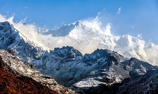 是第三高山 干城章嘉峰 清除 晴天 季节 冬天 高的 阳光 光束图片