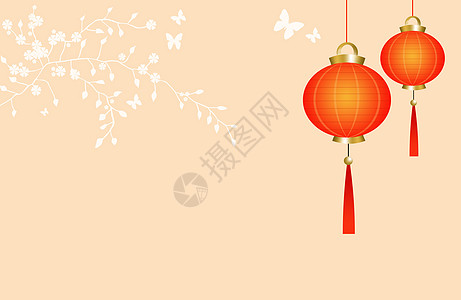 新年邀请函中国有蝴蝶的灯笼 房子 节日 七彩灯 问候语背景