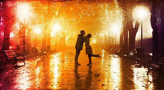 公园夜景一对夫妇在夜光中走在巷子里 城市 娱乐 自然 长椅背景