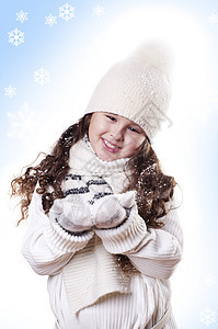 冬季女孩雪片蓝色背景 皮肤护理 假期 美丽的 眼睛 美丽图片