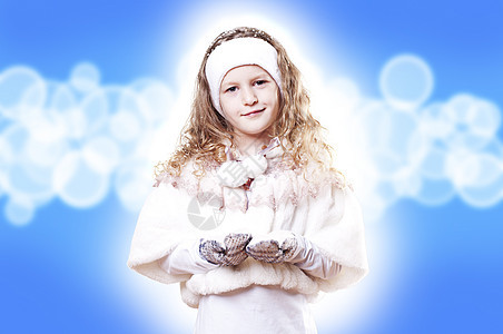 冬季女童 蓝背景摘要 雪花 迷人的 蓝色的图片