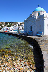 希腊古希腊教会 石头 镇 蓝色的 市中心 脚步图片
