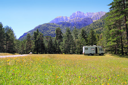 Pyrenees山的野人汽车车运草地图片