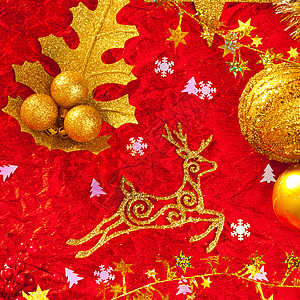 圣诞卡底红金和金 驯鹿 明信片 闪光 雪花 树 辉光背景