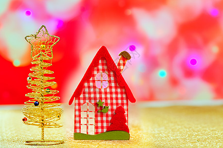 圣诞金树和红屋 金子 工艺 薇姿 门 季节 房子 复古的图片