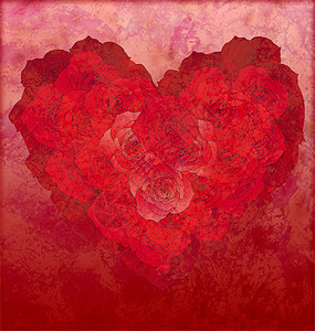 红红玫瑰心在红色的老鬼背景爱或婚礼中图片