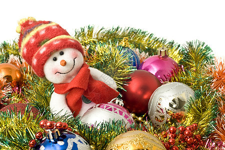 圣诞问候 - 可爱的雪人和装饰球图片