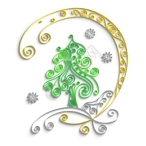 圣诞树 庆典 绗缝 黄色的 三维 冬天 雪 白色的图片