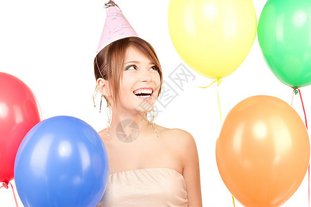 有气球的派对女孩 帽子 幸福 女性 轻松 美丽的 可爱的图片