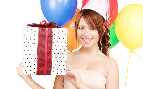 带气球和礼品盒的派对女孩 女性 乐趣 惊喜 周年纪念日背景图片