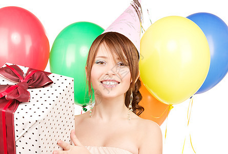 带气球和礼品盒的派对女孩 喜悦 黑发 甜的 享受背景图片