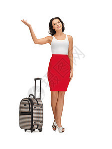 幸福的女子 用手提箱打招呼 假期 成人 航程图片