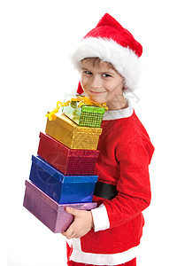 带着圣诞礼物的男孩 庆典 儿子 美丽 乐趣 快乐的 幸福图片