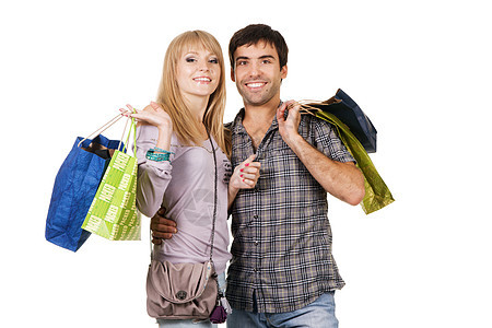 带购物袋的美美年轻夫妇 漂亮的 购物狂 消费者 情感 幸福图片