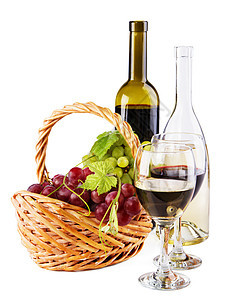 一瓶红酒和白酒 加葡萄 数字 餐厅 物品 柳条 喝图片