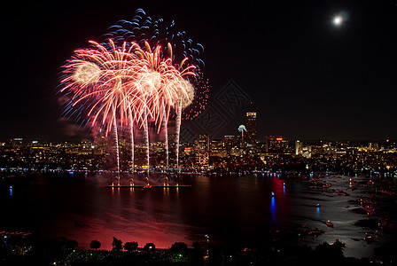 城市烟花7月4日 波士顿的烟花 快乐 乐趣 蓝色的 庆典 马萨诸塞州背景