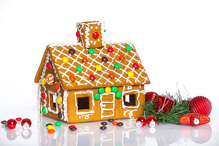 圣诞姜饼屋装饰 刨冰 烤的 传统食品 金的 霜 蓝色的图片