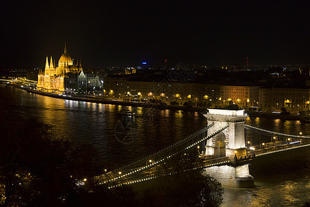 布达佩斯连链桥夜景 多瑙河 城市 欧洲 民众 水 巴洛克风格图片