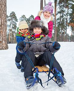 儿童在雪雪地上骑着雪橇 笑 活动 冬天 美丽的 幸福图片