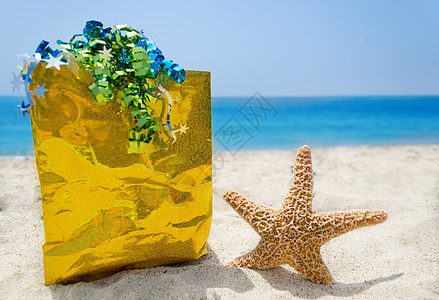 海滩上带礼品袋的海星鱼   假日概念 新年图片