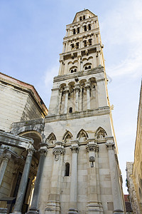克罗地亚斯普利特迪奥莱蒂宫殿废墟和大教堂钟钟楼 建筑细节 蓝色的图片