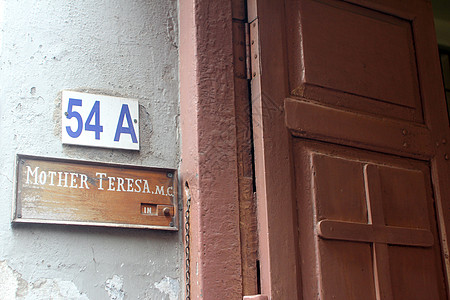 母亲之家入口处的签字 Teresa修女在加尔各答的住所 老了 尼姑图片