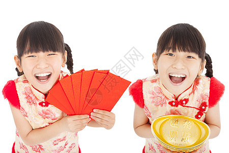 新年的中国人快乐 孩子带着红包和金子图片