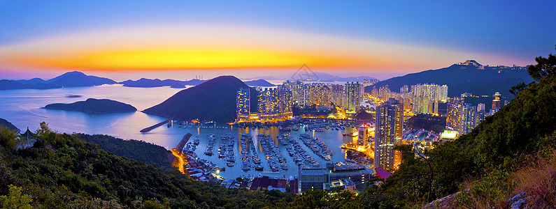 香港山山台风避风港日落 家 美丽的 商业 建筑 建筑学图片