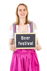 Dirndl节目的女服务员展示黑板 啤酒节图片