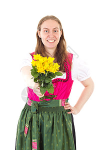 快乐的女士在 dirndl 送给你玫瑰像现在一样图片