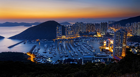 香港美丽的日落 阿伯丁台风庇护所 家 天际线高清图片