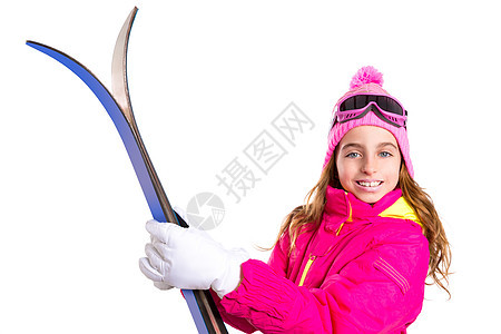 带雪衣护目镜和冬帽的幼女滑雪 女孩 童年 季节图片