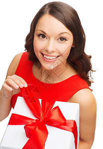 穿着红色礼服 带礼物盒的笑着女人 幸福 盒子图片