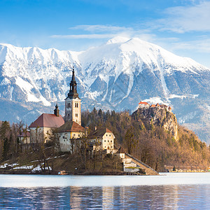 布莱德湖 斯洛文尼亚 欧洲 水 宗教 山脉 城堡高清图片